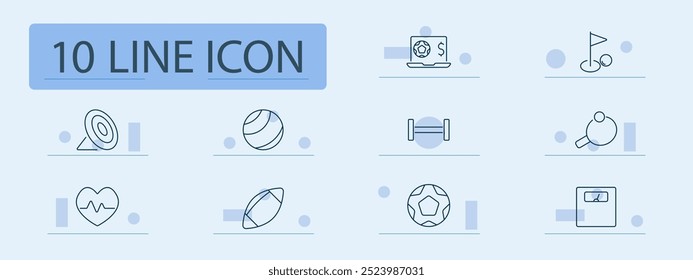 Sport set icon. Target, ball, weights, ping pong, football, goal, health, heart rate, scale, sports finance, activity, athletic training.