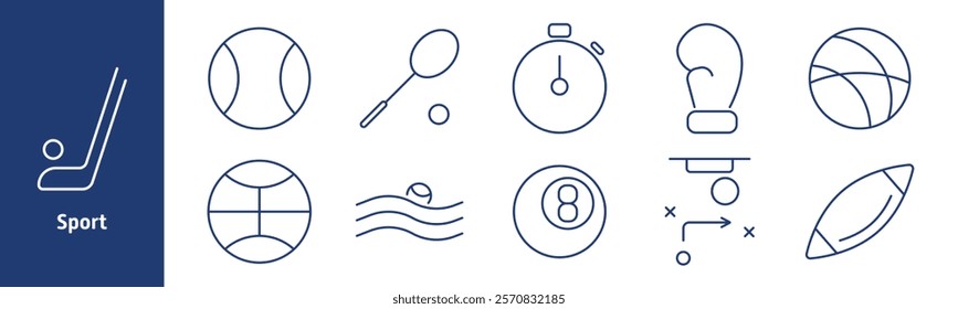 Sport set icon. Tennis ball, stopwatch, boxing glove, basketball, swimming, billiard ball, strategy, rugby, net, court, sports plan