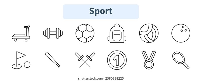 Sport set icon. Treadmill, dumbbell, soccer ball, backpack, volleyball, bowling ball, golf, baseball bat, fencing, medal, trophy, tennis racket.