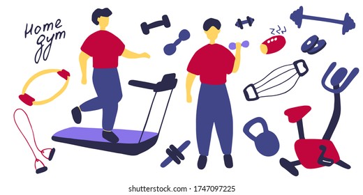 Sport set. Icons of sports equipment and training people. Workout at home, sport exercises at home. Flat vector graphic