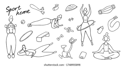 Sport set. Icons of sports equipment and training people. Workout at home, sport exercises at home. Hand drawn vector graphic