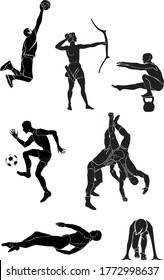 Deporte. Un conjunto de imágenes de atletas: jugador de baloncesto, Archer, atleta, futbolista, luchador, nadador, corredor. Ilustraciones con estilo vectorial.