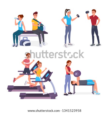 Sport set. Joyful smiling men and women doing sports in the gym vector illustration. Boys and girls practicing on treadmill, pumping muscles with dumbbells, do strength exercises. Isolated on white