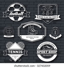Sport set label template of emblem element for your product, logo or design, web and mobile applications with text. Vector illustration with thin lines isolated icons on stamp symbol