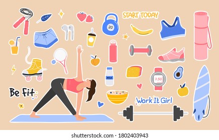 Sport set lifestyle concept. Cute girl doing exercises trying to keep fit. Hand drawn funny elements of a healthy lifestyle. Trendy sports life. Colorful Cartoon Flat Vector Illustration