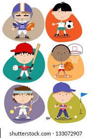 Sport Set - Male Set of six male cute fun sports characters - American footballer, footballer (soccer), baseball player, basketball player, tennis player, golfer.