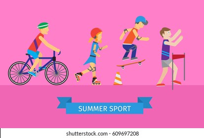 Sport set of man and woman. Boys and girls roller skate and skateboarding and cycling flat design style. People run in the competition. Skateboarder, girl rollerblading, guy near the bike and runner.