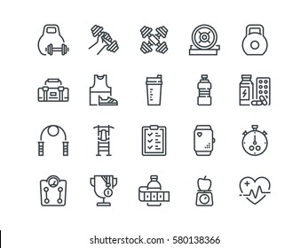 Sport. Set of outline vector icons. Includes such as Fitness Tracker, Cardio monitor, Bodybuilding equipment and other. Editable Stroke. 48x48 Pixel Perfect