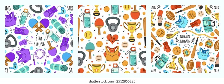 Sport set of seamless vector patterns. Gym accessories - baseball bat, ping pong paddle, boxing gloves, jump rope, kettlebell, sportswear. Balls for rugby, basketball, tennis. Fitness backgrounds