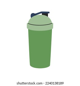 Sport shaker. Fitness container for energy beverage. Green mug for protein cocktail. Hand drawn vector illustration isolated on white background. Modern flat cartoon style.