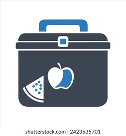 Sport Shaker With Fresh Juice icon. Lunch box icon. Lunch box with sandwich, bottle of water and fruit icon