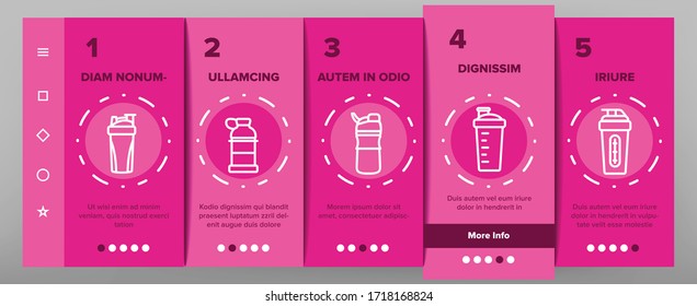 Sport Shaker Tool Onboarding Icons Set Vector. Sport Shaker Cup In Different Design, Sportsman Equipment For Drink Fitness Illustrations