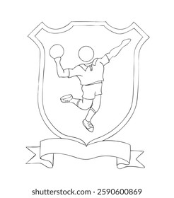 Sport shield with a human figure playing volleyball, handball throwing a ball jumping on air. Sketch black lines basic vector illustration.