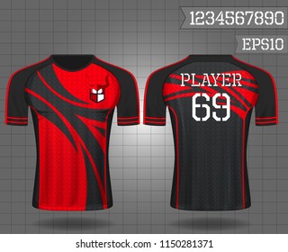 sport shirt ,T-shirt sport design ,Vector Soccer jersey template, football sport shirt front and back model eps10 on grid background with horn logo and number for edit,
