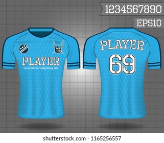 sport shirt ,T-shirt sport design ,Vector Soccer jersey template, football sport shirt front and back model eps10 on grid background with horn logo and number for edit,
