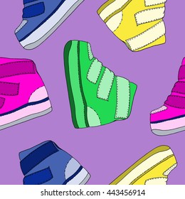 Sport shoe background. Hand drawn vector stock illustration. Seamless background pattern.