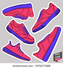 Sport shoe. Casual fashion. Snickers. Gym. Equipment. Fitness routine. Active lifestyle. Hand drawn colorful illustration. Sticker for printing. High resolution. Vector EPS10 and IPG