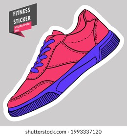 Zapato deportivo. Moda casual. Snickers. Gimnasio. Equipo. Rutina de fitness. Estilo de vida activo. Ilustración colorida dibujada a mano. Pegatina para imprimir. Alta resolución. Vector EPS10 e IPG