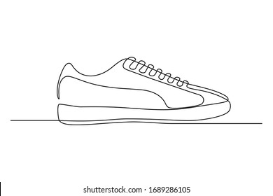 Sport shoe in continuous line art drawing style. Flat sole sneakers minimalist black linear sketch isolated on white background. Vector illustration