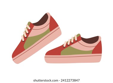 Sport shoe pair group, fitness footwear design multicolored sneaker of active man woman walking or running comfortable.