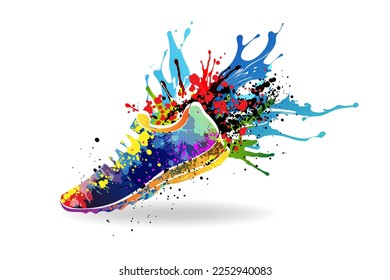 Sport shoes with colorful paint splashes. Concept of marathon or jogging or run festival