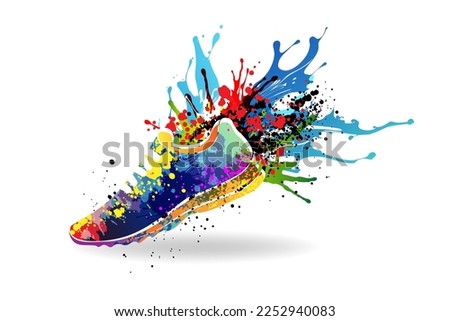 Sport shoes with colorful paint splashes. Concept of marathon or jogging or run festival