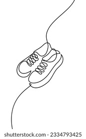 Sport shoes in continuous line art drawing style. A pair of sneakers black linear sketch isolated on white background. Vector illustration