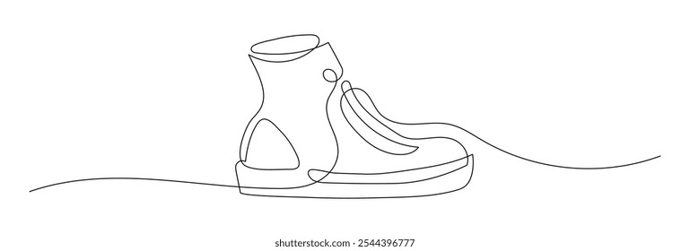 Sport shoes in continuous line art drawing style. Sneakers black linear sketch isolated on white background. Vector illustration