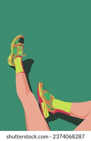 Zapatos deportivos.  Calzado deportivo brillante y elegante. Ilustración de zapatillas de deporte. Sneakers de moda y calcetines largos en los pies de las mujeres. Zapatillas deportivas modernas y de moda.