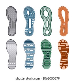 Sport shoes footprints colored set of different patterns on white background isolated vector illustration