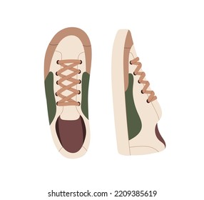 Sport shoes pair. Fashion modern casual sneakers top and side view. Comfy footwear. Comfortable trainers, foot wearing. Laced footgear. Flat vector illustration isolated on white background