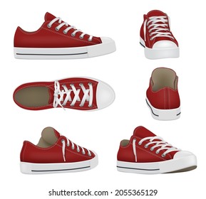 Sport shoes. Realistic sneakers for active people healthy lifestyle decent vector colored sneakers in various views