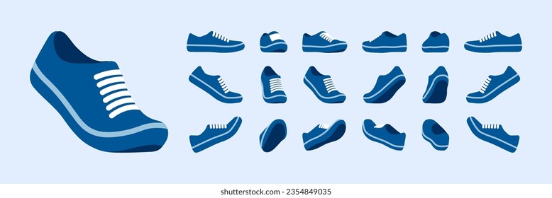 Sport shoes set, walking, racer running tennie, tennis game sneakers for practice, performance. Athletic gym blue footwear, accessory. Health, wellness, physical education fitness cartoon illustration