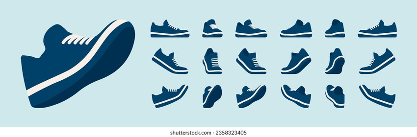 Sport shoes set, walking, racer running trainer, active game sneakers practice, performance. Athletic gym blue footwear, accessory. Health, wellness, physical education fitness cartoon illustration