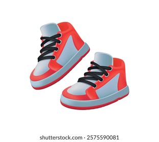 Sport shoes, sneaker 3D realistic illustration. A pair of red and white sneakers with laces on a white background. For the concept of sports, shops, web design, lifestyle, and design of shoes