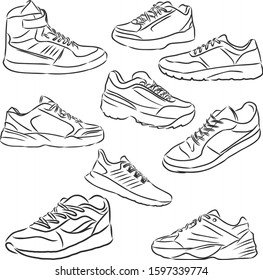 Sport shoes, sneakers set, vector sketch illustration 