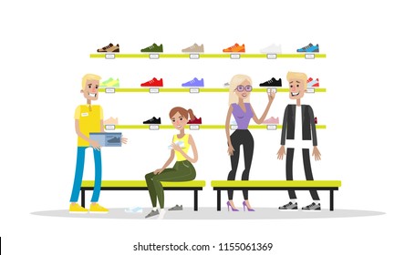 Sport shoes store interior. Young people choose and try on shoes and boots. Isolated vector flat illustration