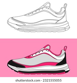 sport shoes vector, pink sport shoes, running shoes vector, black and white line art shoes