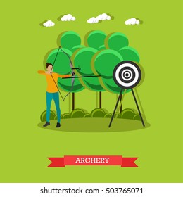Sport shooting banner. Archery competition games vector illustration. People in shooting positions.