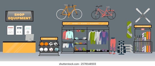 Sport shop design interior offering gym equipment, different sporting goods and activewear vector illustration. Cahier counter desk, wide arrangement of clothes, accessories for sportive recreation