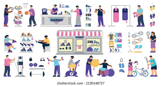 Sport shop equipment set with flat isolated icons of gymnastic apparatus sportswear shoes and human characters vector illustration