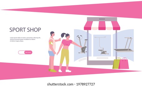 Sport shop horizontal banner with editable text see more button and flat characters of store clients vector illustration