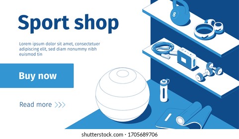 Sport shop online isometric web banner with fitness ball mat barbells weightlifting equipment blue white vector illustration 