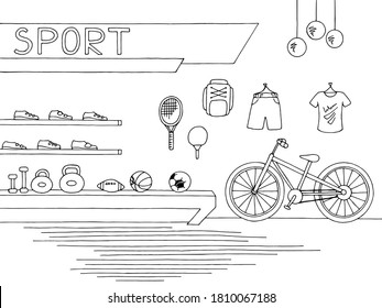 Sport shop store graphic interior black white sketch illustration vector