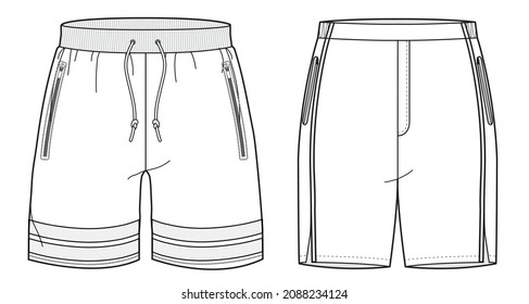 Sport Shorts Design Template Men's Active Wear Short Pants Fashion Flat Sketch Vector Illustration.