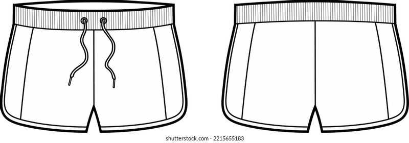 Sport shorts with elastic band flat sketch. Hotpants apparel design. Front and back. CAD mockup. Technical drawing template. Vector illustration.