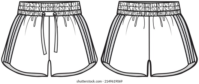 Sport Shorts Elastic Waist Band Drawstring Athletic Short Pants Flat Sketch Vector Illustration. Front And Back Template. CAD Mockup.