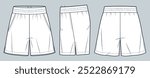 Sport Shorts technical fashion illustration. Short Pants fashion  technical drawing template, elastic waist, inside drawstring, slit, front, side and back view, white, women, men, unisex CAD mockup.