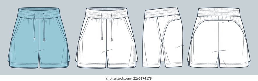 Sport Shorts technische Modegrafik. Sweat Short Pants modifiziert flache technische Zeichentabelle, Seitenschlitz, Taschen, Vorderseite-, Seite- und Rückansicht, weiß, blau, Frauen, Männer, unisex CAD-Mockup-Set.