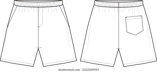 Sport Shorts technische Modegrafik. Sweat Short Pants modifiziert flache technische Zeichentabelle, Seitenschlitz, Taschen, Vorderseite-, Seite- und Rückansicht, weiß, blau, Frauen, Männer, unisex CAD-Mockup-Set.